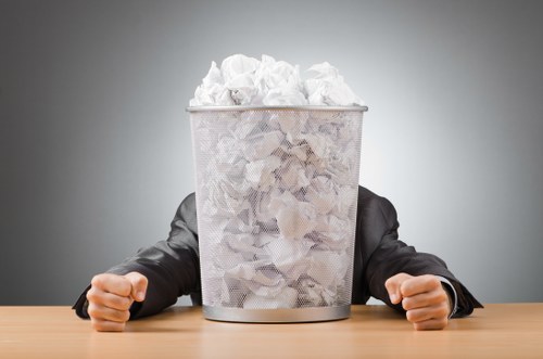 A person dressed in a black suit is seated at a light wooden table with both hands resting on the edge, facing a large, metallic wire mesh waste bin filled with crumpled white paper. The bin, positioned centrally, dominates the foreground of the image, and the crumpled paper extends above its rim, creating a mound of disposal material. The background is plain and evenly lit, featuring a neutral grey gradient that emphasizes the bin and the person's disembodied arms, which are clearly visible but lack any further detail on the individual. The scene appears to be set in an office environment, relevant to rubbish removal services offered by Office Clearance Kenton, with the focus on waste disposal of paper material, a common element in office clean-ups near the Kenton area. The neutral presentation underscores the professional context and the importance of proper rubbish management for commercial spaces.